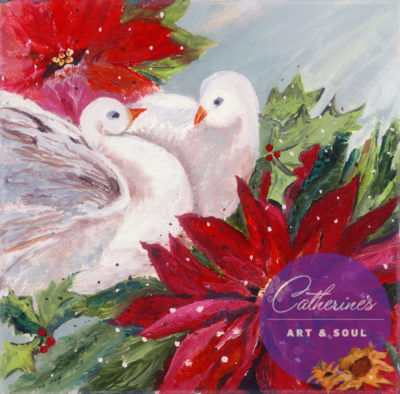 "Christmas Doves" painting by artist Catherine Lemoine