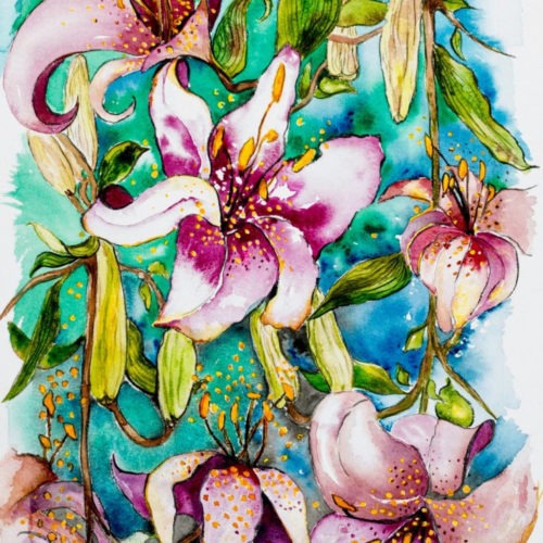 "Day Lilies Watercolor border" painting by Catherine Lemoine