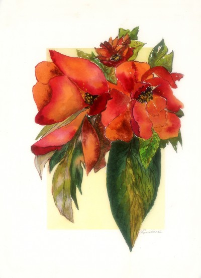 "Red Gardenias" painting by artist Catherine Lemoine