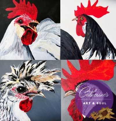 "Silver-Spangled Hen and Her Men" painting by artist Catherine Lemoine