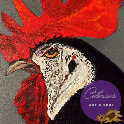 "Spanish White Face Rooster" painting by artist Catherine Lemoine