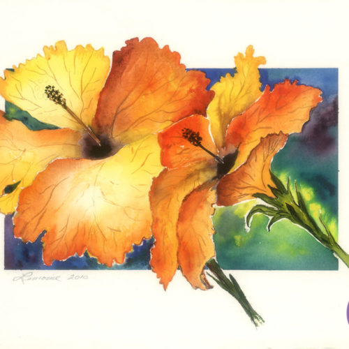 "Two Hibiscus" painting by artist Catherine Lemoine