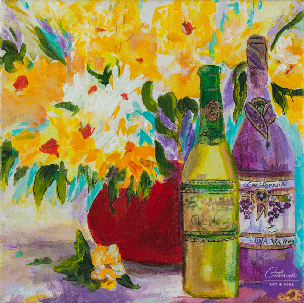 "Wine And Flowers" painting by artist Catherine Lemoine