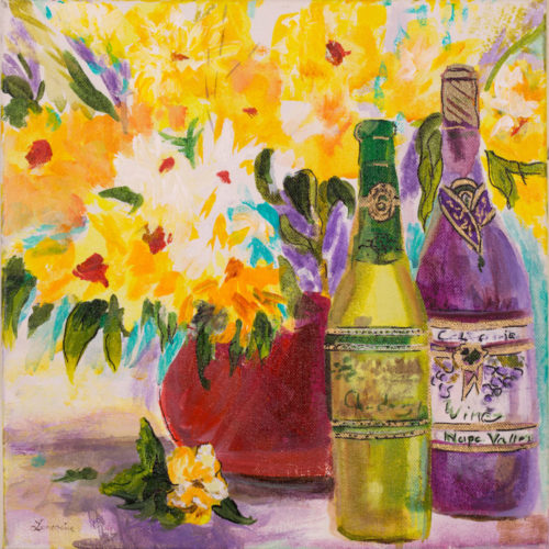 "Wine & Flowers" painting by Catherine Lemoine