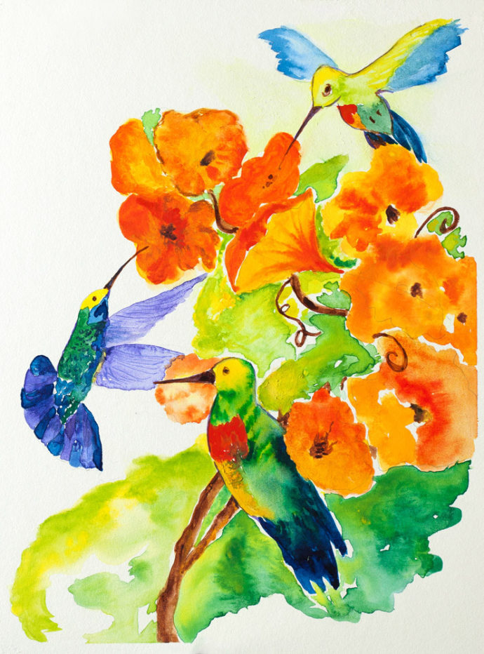 "Hummingbird Trio" acrylic painting - watercolor painting br artist Catherine Lemoine
