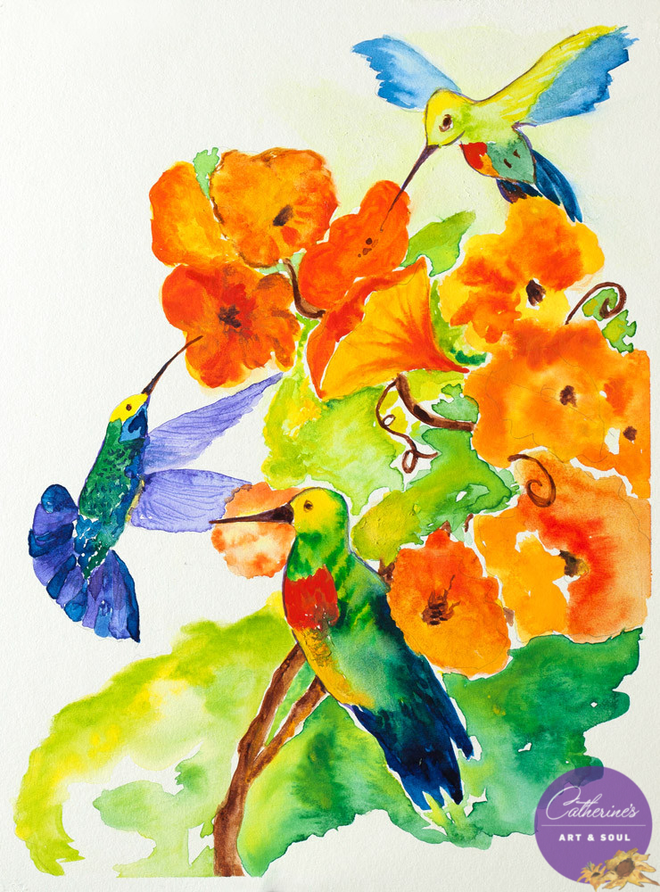 "Hummingbird Trio" acrylic painting - watercolor painting br artist Catherine Lemoine