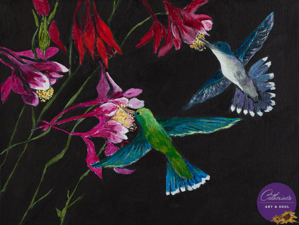 "Hummingbirds on Black" painting by Catherine Lemoine